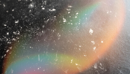 Blur colorful warm rainbow light leaks on black background with dust texture. Defocused abstract damaged scratched retro film analog effect for using over photos as overlay or screen filter