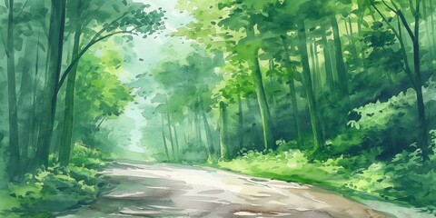 Wall Mural - Bright forest path immersed in vibrant greenery and dappled sunlight, a scenic journey...........Bright forest path immersed in vibrant greenery and dappled sunlight, a scenic journey.