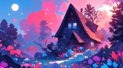 Illustration of a country house set against a backdrop of vibrant blue pink and violet hues depicted in a stylish and modern 2d design