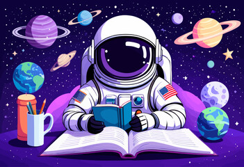 an astronaut reading a book in the space