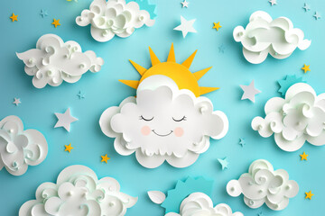 Playful Cartoonish Clouds and Sun in a Cheerful Sky Scene