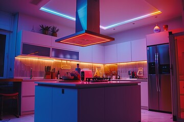 Wall Mural - he kitchen is illuminated by RGB light strips installed on the roof, cool white light,