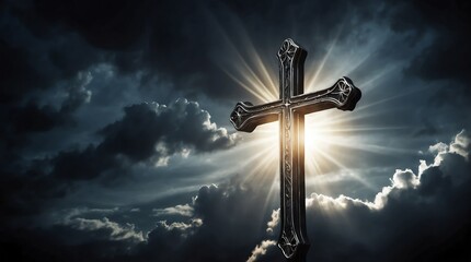Wall Mural - glowing silver cross on dark background with clouds