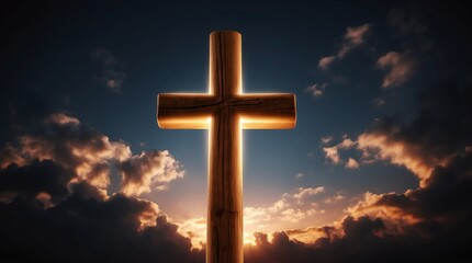Wall Mural - glowing wooden cross on dark background with clouds