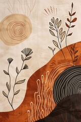 Sticker - boho artwork showcasing a combination of flowing organic shapes and minimalist spirals in a palette of warm earth tones