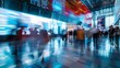© RIVALDI - Vibrant business convention with people walking through an illuminated exhibition hall showcasing modern technology booths. Generative Ai