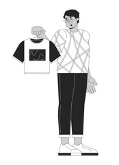 Poster - arab man displeased by new t shirt black and white 2d line cartoon character. arab male disliking cl