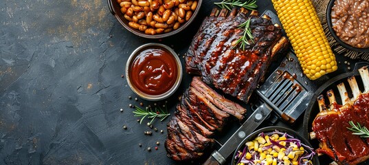 Wall Mural - American BBQ: A top-down view of a background with American BBQ food featuring raw meats (steaks, ribs), BBQ sauce,