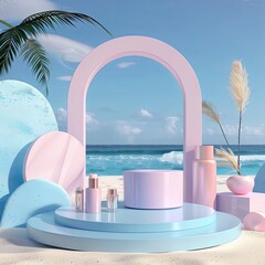 Sticker - An illustration of a 3D rendered summer podium background with product display at a beach cosmetics sale.