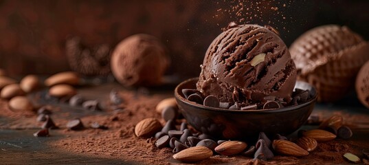 Chocolate Ice Cream with Chocolate Chips and Almonds: A close-up image of a chocolate ice cream scoop on a plate, accompanied by chocolate chips