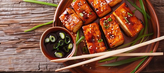 Wall Mural - Chopsticks with a Tofu Dish: A copy space image featuring chopsticks placed on a wooden table