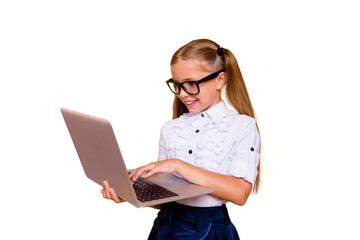 Poster - E-studying concept. Side profile close up photo portrait of cute lovely intelligent nice schoolkid watching video skype holding netbook ind hand doing homework isolated background