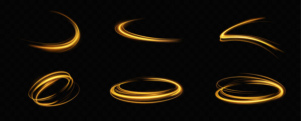 Poster - Golden glowing swirl. The effect of moving at the speed of light. Easy trail. Shiny wavy path. Vector.Neon light.
