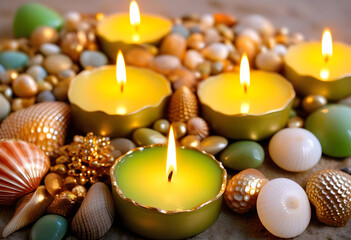 Wall Mural - A close-up of a candle with gilded shells and green pebbles as decoration