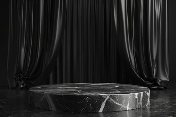 Wall Mural - A black marble pedestal with black curtains in the background