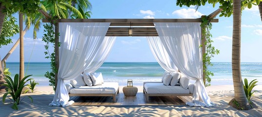 Poster - Elegant Beachfront Cabana with Sheer Curtains: A luxurious beachfront cabana with sheer white curtains blowing gently in the breeze