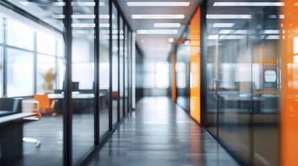 Wall Mural - Beautiful blurred background of a modern office interior in gray tones with panoramic windows, glass partitions and orange color accents.