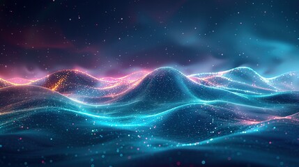 Poster - Mesmerizing digital landscape 3d rendering image. Undulating waves of light in vibrant blue orange background wallpaper colorful realistic. Data visualization concept idea, backdrop