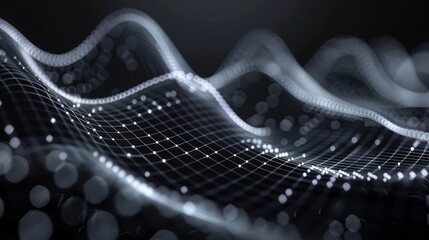 Poster - Detailed grayscale digital wave structure 3d rendering image. Grid lines, scattered white dots background wallpaper realistic. Data visualization concept idea, backdrop horizontal