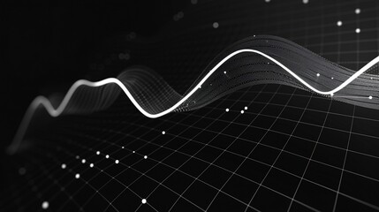 Poster - Dynamic wave pattern with white dots and grid lines 3d rendering image. Abstract grayscale digital landscape background wallpaper realistic. Data visualization concept idea, backdrop