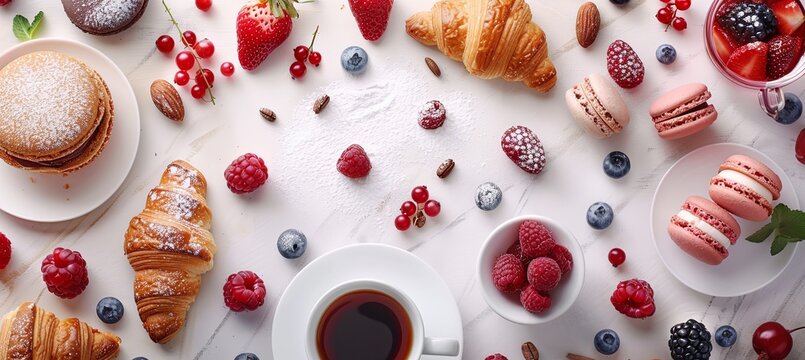 French Patisserie: A top-down view of a background with French pastries featuring croissants, macarons, eclairs, a cup of coffee