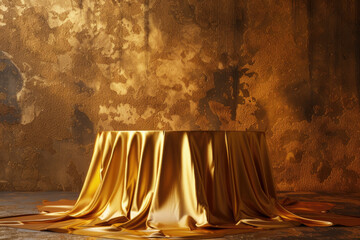 A golden round table covered with gold cloth. Created with Ai