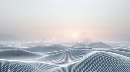 Poster - Serene digital landscape sunlit 3d rendering image. Rolling waves of grid in soft white hues background wallpaper colorful realistic. Data visualization concept idea, backdrop horizontal