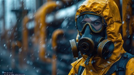 A woman in a yellow protective suit and mask.