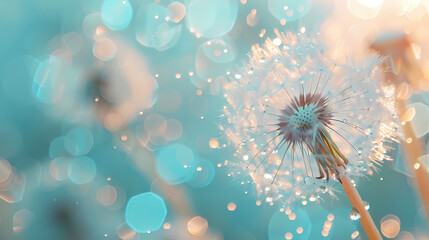 Wall Mural - Dandelion Seeds in droplets of water on blue and turquoise beautiful background with soft focus in nature macro. Drops of dew sparkle on dandelion in rays of light.