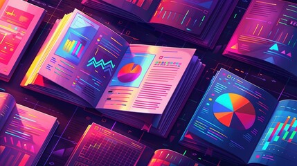 Poster - Open neon books displaying colorful charts and graphs 2D illustration. High-tech data analysis flat cartoon image scene horizontal. Data visualization wallpaper background art