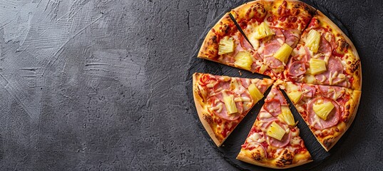 Sticker - Hawaiian Pizza: A gray background showcases a top-down view of a Hawaiian pizza split in half, with ham, pineapple chunks, and melted cheese