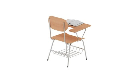 Aufkleber - 4k Resolution Video: Opened Book over Wooden Lecture School or College Desk Table with Chair Seamless Looped on a White Background with Alpha Mate