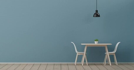 Poster - 4k Resolution Video: In an Empty Kitchen Room, One by One, a Table, Chairs, Decor and a Lamp Magically Appear