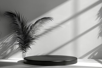 Wall Mural - A black and white photo of a palm tree and a round black pedestal