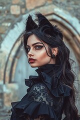 Gothic themed portrayal of a woman with a captivating allure, dressed in cat cosplay that melds sophistication with a hint of the wild, against backdrop of an old, mysterious castle, ai generated	