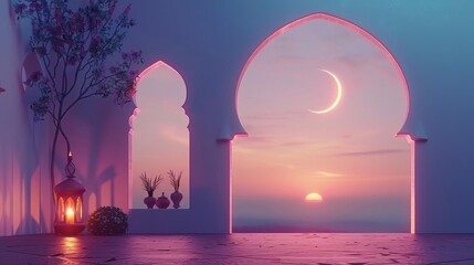 3d lantern and mosque window with crescent moon view ramadan kareem background illustration design, ramadhan concept banner template