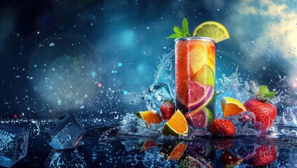 Aluminum can with strawberry and lemon slices with splash on vibrant yellow background. Organic drink, berry-flavored sparkling beverage.