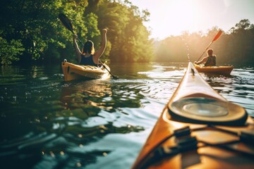 A photo of two individuals paddling in a kayak on a serene lake, A fit couple enjoying a serene kayak adventure on a calm lake, AI Generated