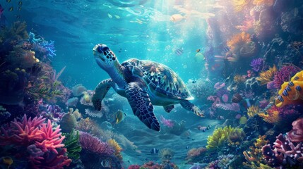 Wall Mural - Vibrant Underwater Scene with Sea Turtle