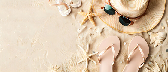 Pastel beachwear accessories including flip-flops, a straw hat, and sunglasses on a sandy textured background, perfect for a beach vacation.