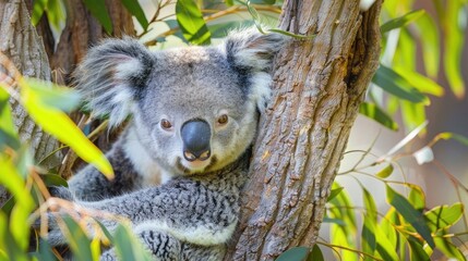 Wall Mural - A curious koala resting in the fork of a eucalyptus tree, its fluffy gray fur and large, round eyes capturing the essence of this iconic Australian marsupial.