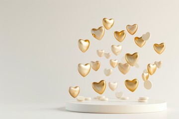 Canvas Print - A white background with a large number of gold hearts floating in the air