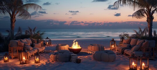 Luxury Beachfront Fire Pit Area: A sophisticated beachfront fire pit area with comfortable seating, soft cushions, and elegant lanterns