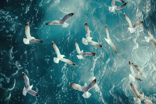 A flock of seagulls flying over the ocean