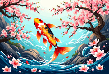 a painting of a koi fish swimming in a pond