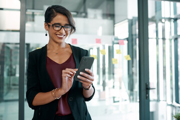 Poster - Happy, career woman and cellphone in office for connection, communication or digital networking. Female person, tech and smile in corporate as project manager in company in workplace as professional