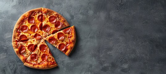 Wall Mural - Pepperoni Pizza: A gray background showcases a top-down view of a pepperoni pizza split in half, featuring crispy pepperoni slices, melted cheese