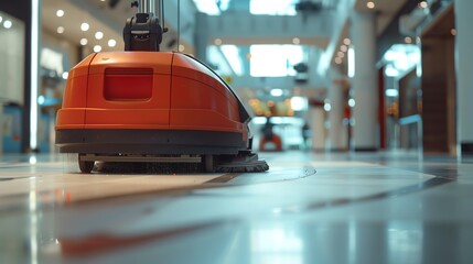 Floor cleaning machine in action, on a commercial floor, high detail