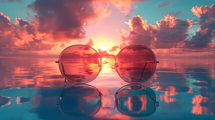 Poster - Sleek round sunglasses with a surrealistic tropical island reflection, hyper-realistic textures, minimalist design