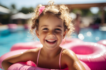 Portrait of happy young caucasian girl kid in a pink rubber swimming pool ring on at hotel club swimming pool during summer vacation
